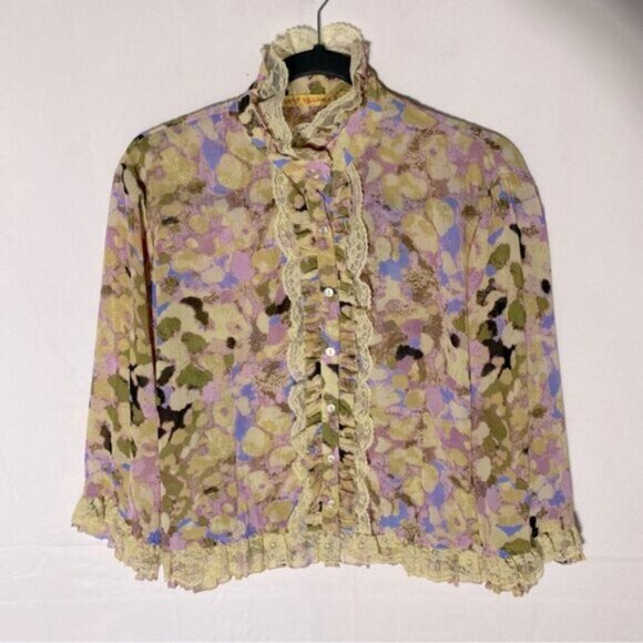 Lloyd Williams Yellow Purple Semi Sheer Abstract Print Button Up Mock Neck Top M - Picture 14 of 14